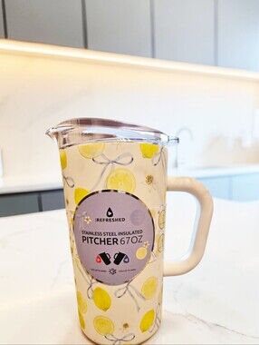 NEW Refreshed Lemon Print Pitcher Stainless Steel Insulated 67 Onz & Sealed Lid